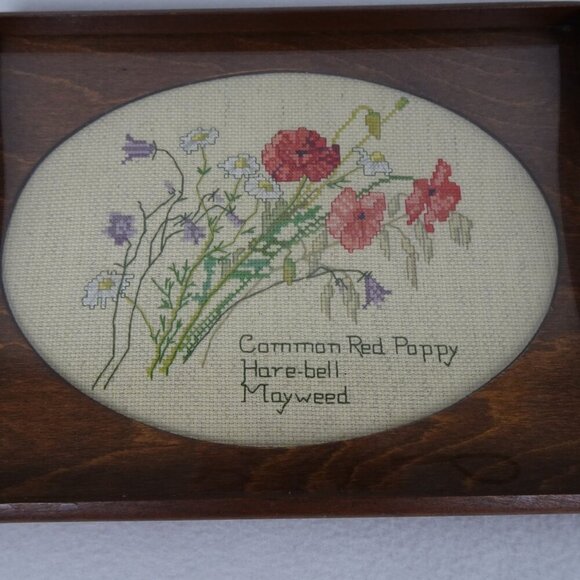 Vintage Wood Serving Tray with Floral Cross Stitch Insert Clear Plastic Overlay - Picture 2 of 9